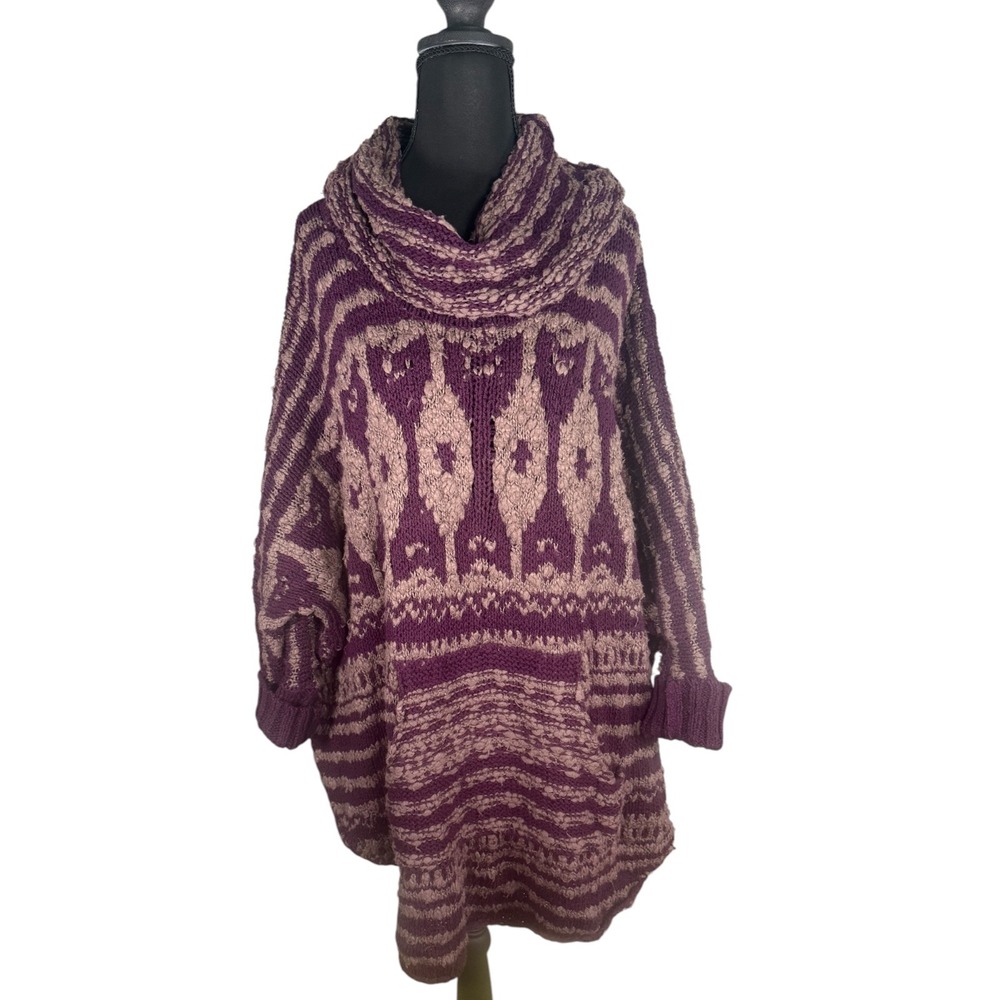 Free People Womens S Purple Taupe Oversized Cowl Neck Poncho Sweater Boho